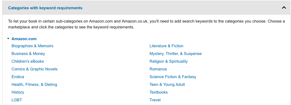 Amazon categories with keywords 