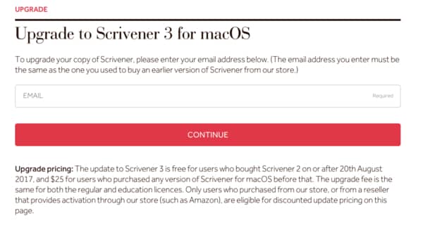 Enter Email to upgrade Scrivener 